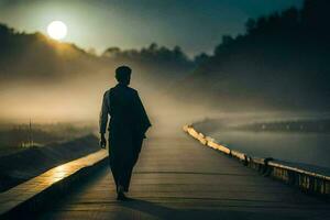 un hombre caminando en un puente a amanecer. generado por ai foto