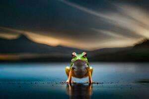 a frog is standing on the edge of a lake. AI-Generated photo