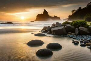 el Dom conjuntos terminado un playa con rocas y agua. generado por ai foto