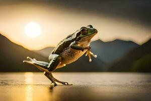 a frog jumping on the ground with the sun setting behind it. AI-Generated photo