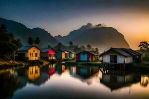 photo wallpaper the sky, mountains, water, houses, the sky, mountains, water, the. AI-Generated