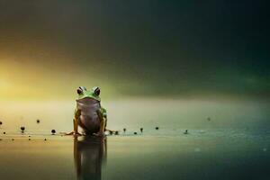 a frog sitting on the water with fog in the background. AI-Generated photo