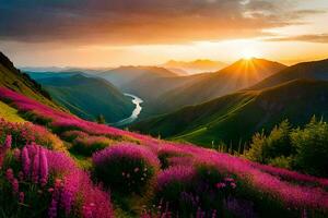 el Dom sube terminado el montañas y el flores floración en el valle. generado por ai foto