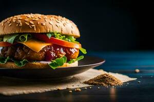 a hamburger with cheese, tomatoes and lettuce on a black plate. AI-Generated photo