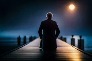 un hombre en pie en un muelle mirando a el Luna. generado por ai foto