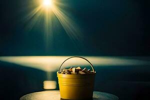 a bucket of wood on a table in front of a bright light. AI-Generated photo