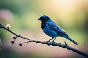 un azul pájaro se sienta en un rama con rosado flores generado por ai foto