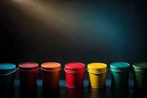a row of colorful buckets on a dark background. AI-Generated photo