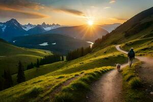 a man and his dog walk on a path in the mountains. AI-Generated photo