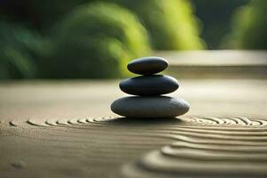 a stack of stones on a wooden table. AI-Generated photo