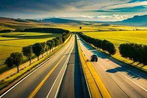 un coche conducción en un autopista en el medio de un campo. generado por ai foto