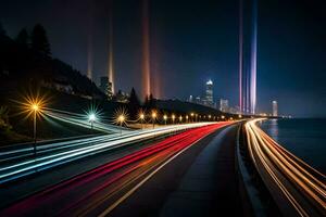 un largo exposición fotografía de un autopista a noche con luces. generado por ai foto