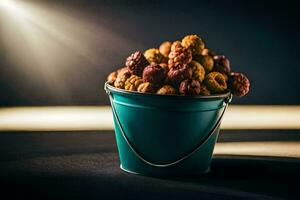 un Cubeta lleno con nueces en un mesa. generado por ai foto