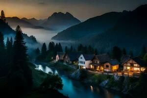 photo wallpaper the sky, mountains, fog, river, houses, trees, mountains, river,. AI-Generated