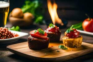 food on a wooden board with a flame. AI-Generated photo