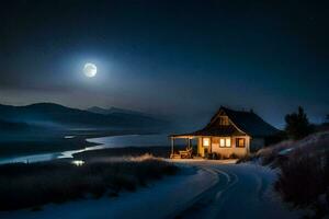 photo wallpaper the moon, night, the river, the lake, the house, the moon,. AI-Generated