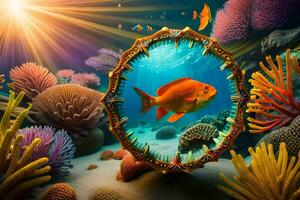 un pescado es reflejado en un espejo en el Oceano piso. generado por ai foto
