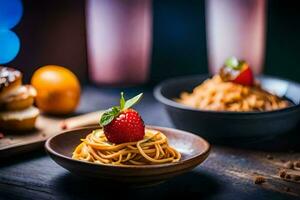 pasta with strawberries and doughnuts on a wooden table. AI-Generated photo