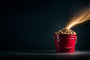 a bucket filled with peanuts is being sprayed with smoke. AI-Generated photo