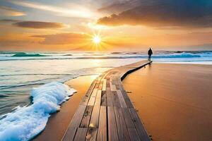 a man walks along a wooden boardwalk on a beach at sunset. AI-Generated photo