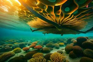 a turtle swimming in the ocean with a large flower. AI-Generated photo