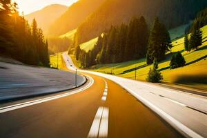 a highway with trees and mountains in the background. AI-Generated photo