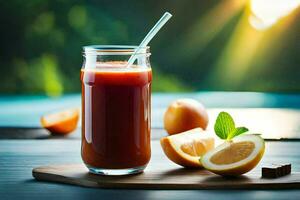 a glass of juice with slices of orange and a straw. AI-Generated photo