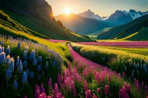 the sun rises over a field of purple flowers and mountains. AI-Generated photo