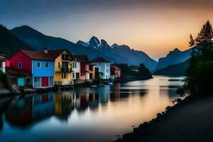 colorful houses on the shore of a river at sunset. AI-Generated photo