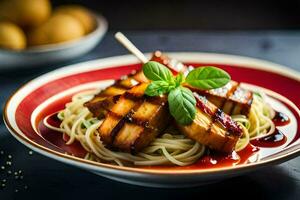 a plate with spaghetti and tofu on it. AI-Generated photo