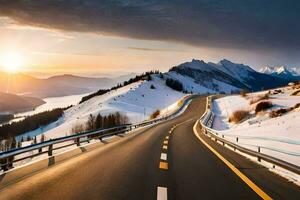 a road in the mountains with snow on the ground. AI-Generated photo