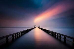 un largo muelle con un largo puente líder a el océano. generado por ai foto