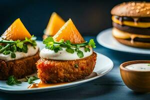 two plates with food on them, including a burger and a cake. AI-Generated photo