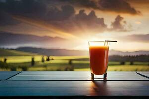 un vaso de naranja jugo en un mesa en frente de un puesta de sol. generado por ai foto