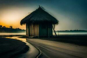 a hut on the beach at sunrise. AI-Generated photo