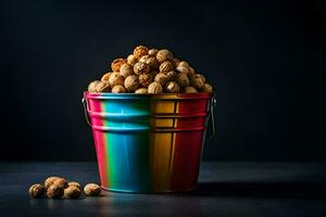 a bucket of peanuts on a black background. AI-Generated photo