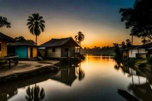 a river in the middle of a village at sunset. AI-Generated photo