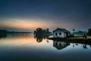 a small house sits on the edge of a lake at sunset. AI-Generated photo