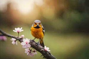 un pájaro sentado en un rama con flores en el antecedentes. generado por ai foto