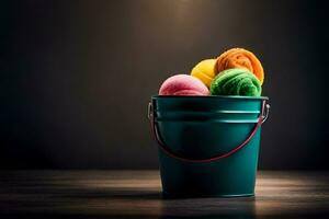 colorful balls of yarn in a bucket. AI-Generated photo