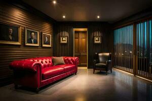 un rojo cuero sofá se sienta en un habitación con imágenes en el pared. generado por ai foto