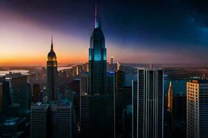 el ciudad horizonte a puesta de sol con el imperio estado edificio en el antecedentes. generado por ai foto