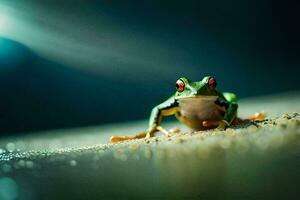 a frog sitting on the ground with a bright light behind it. AI-Generated photo