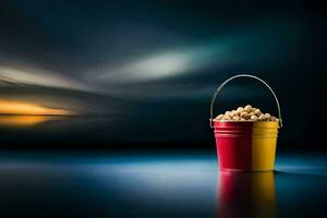 a bucket of popcorn on a table with a blurry background. AI-Generated photo