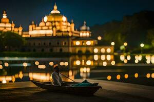 a man in a boat sits on the water in front of a building at night. AI-Generated photo