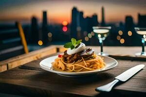 espaguetis con carne y queso en un plato con un ver de el ciudad. generado por ai foto