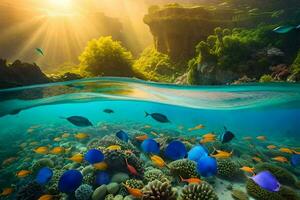 the sun shines over a reef with colorful fish. AI-Generated photo
