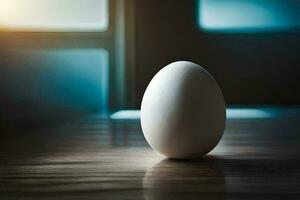 un huevo sentado en un mesa en frente de un ventana. generado por ai foto