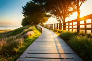 a wooden path leads to the ocean at sunset. AI-Generated photo