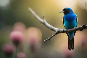 un azul pájaro sentado en un rama con rosado flores generado por ai foto